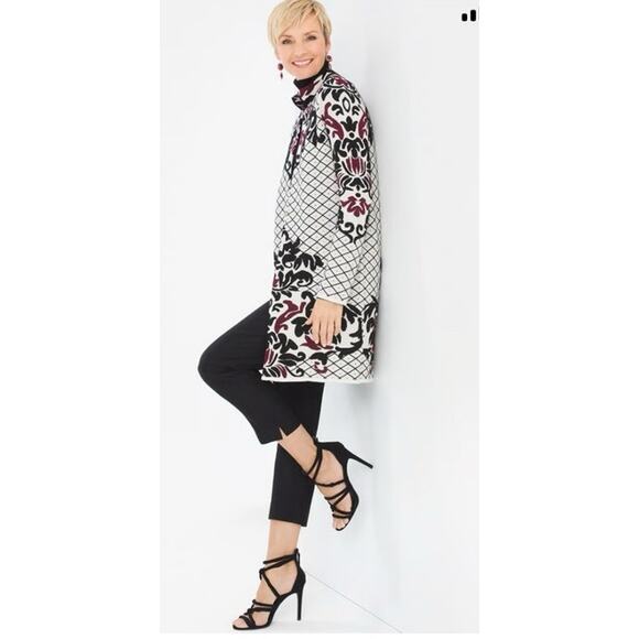Chicos Contrast Scroll Open Front Cardigan Sweater Hook Closure Midi Sz 2 - Picture 1 of 11